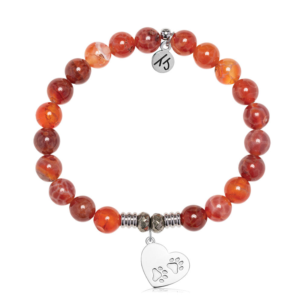 Orange Fire Agate Gemstone Bracelet with Paws of Love Sterling Silver Charm