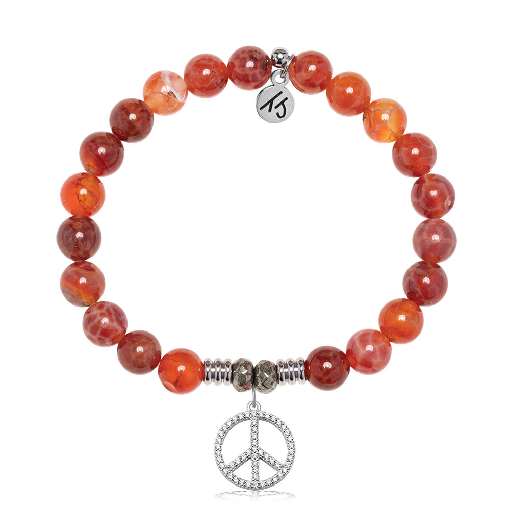 Orange Fire Agate Gemstone Bracelet with Peace CZ Sterling Silver Charm