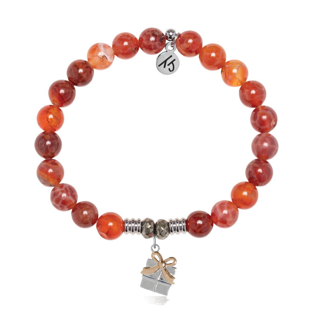 Orange Fire Agate Gemstone Bracelet with Present Sterling Silver Charm