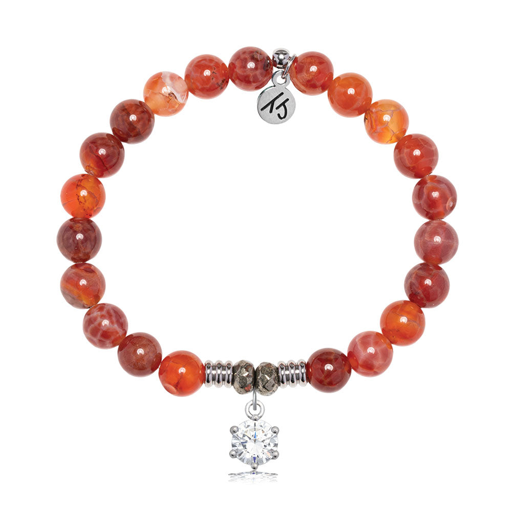 Orange Fire Agate Gemstone Bracelet with Shine Like A Diamond Sterling Silver Charm