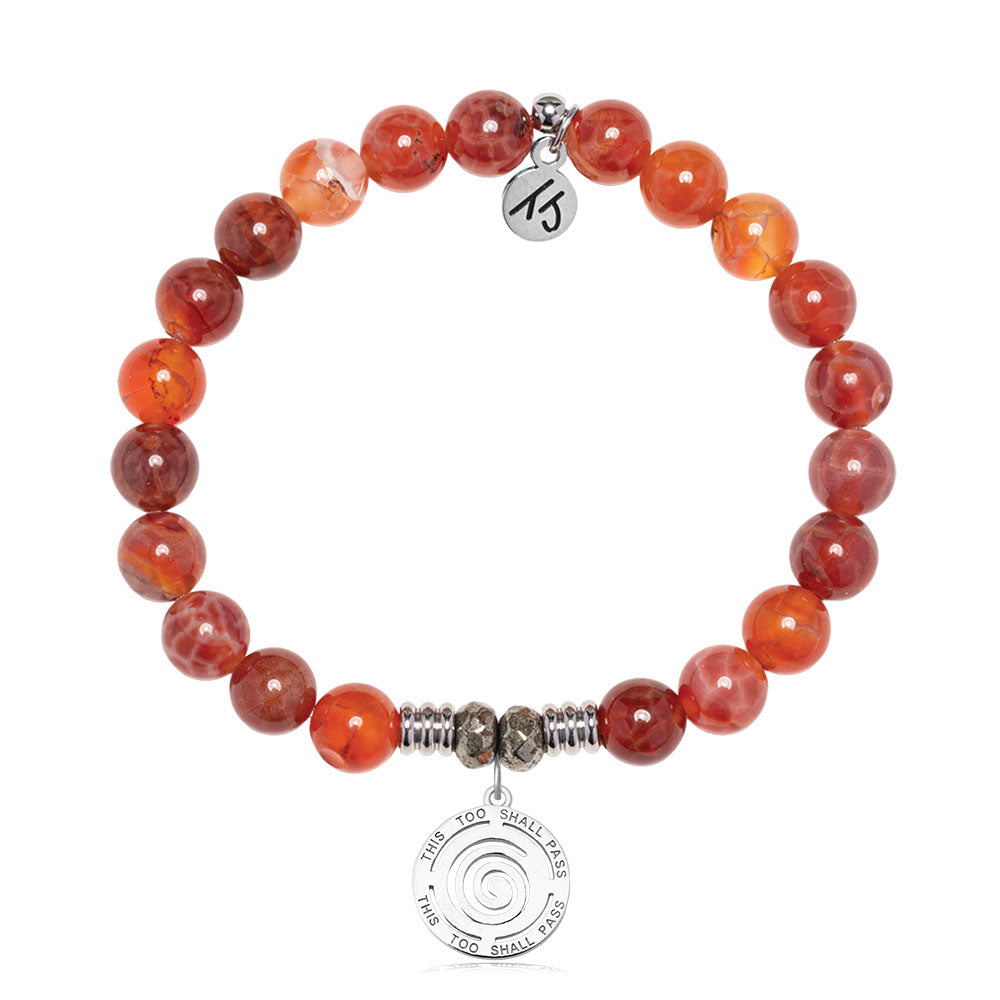 Orange Fire Agate Gemstone Bracelet with This Too Shall Pass Sterling Silver Charm