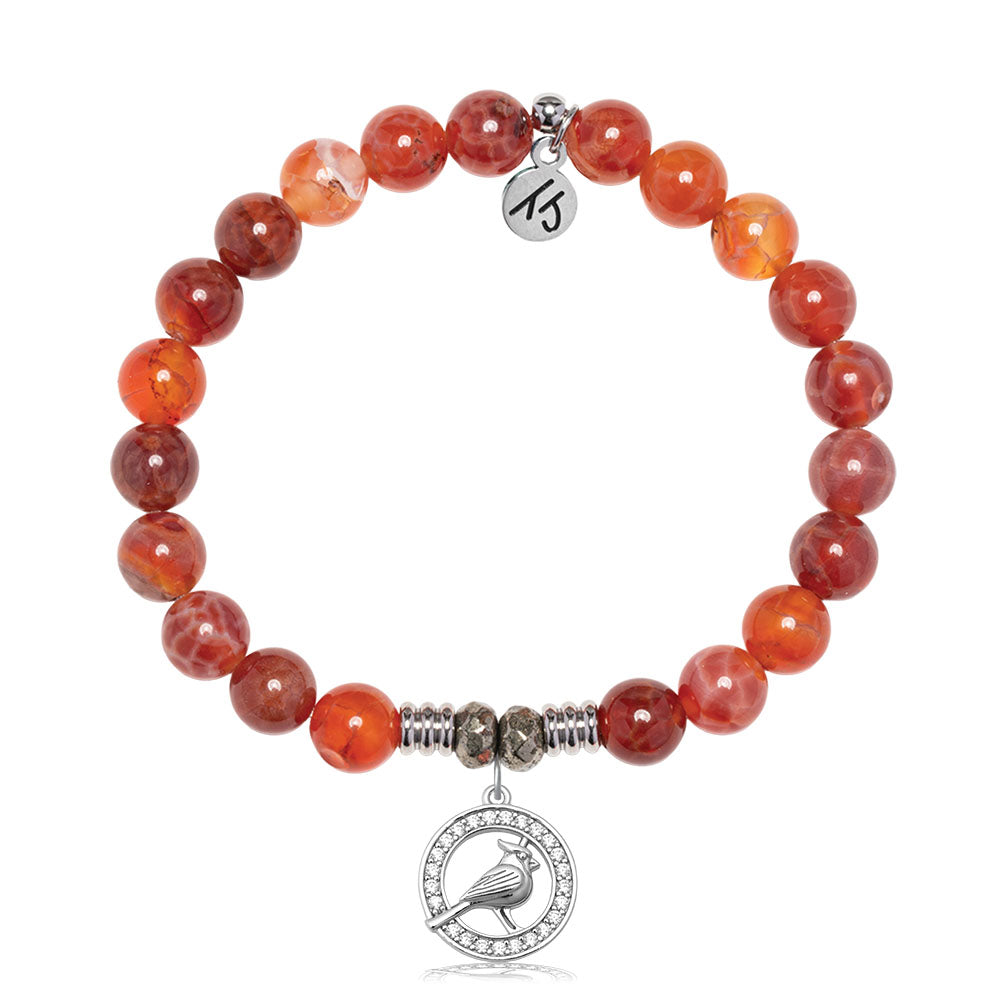 Orange Fire Agate Gemstone Bracelet with White Cardinal CZ Sterling Silver Charm