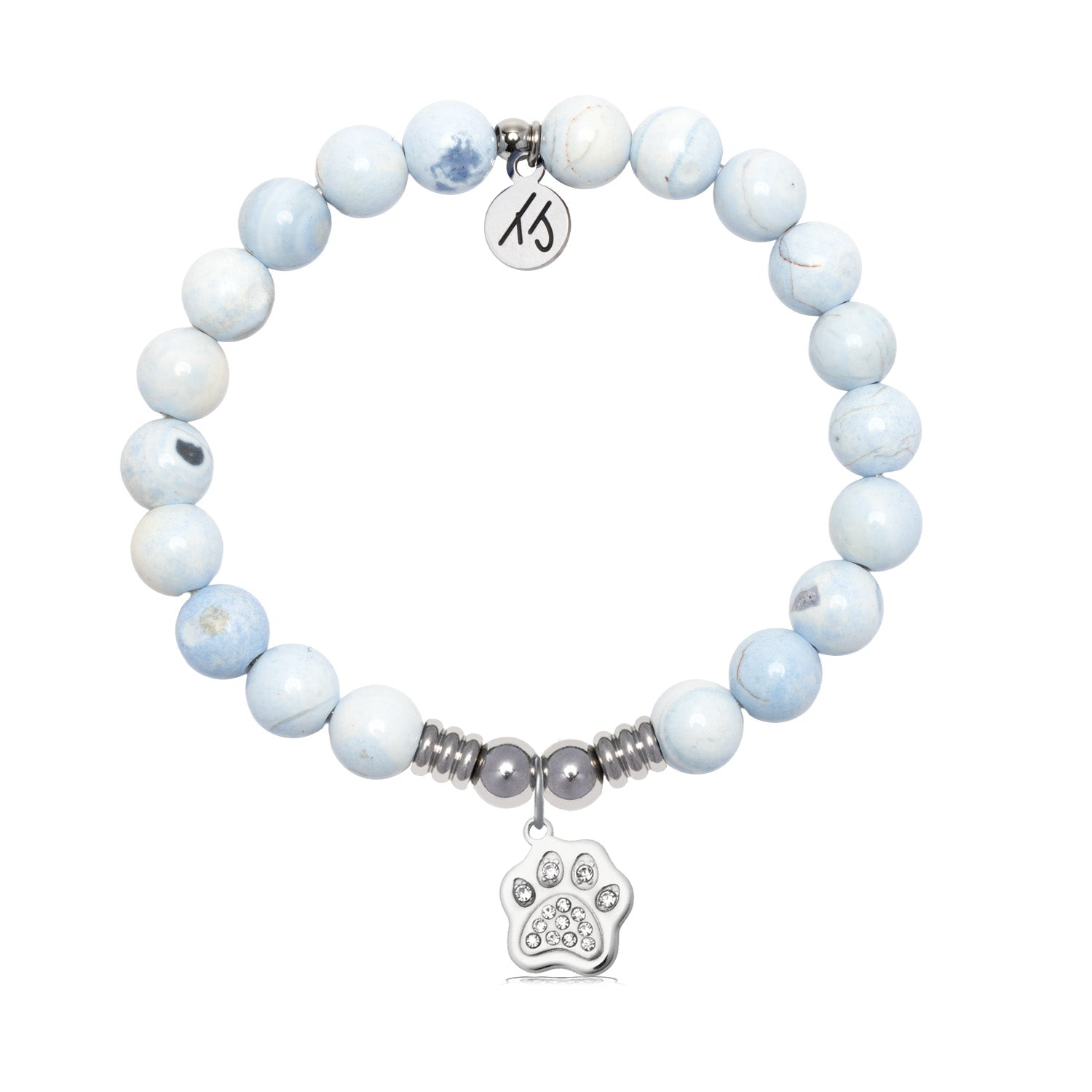 Paw CZ Charm with Light Blue White Agate Gemstone Bracelet