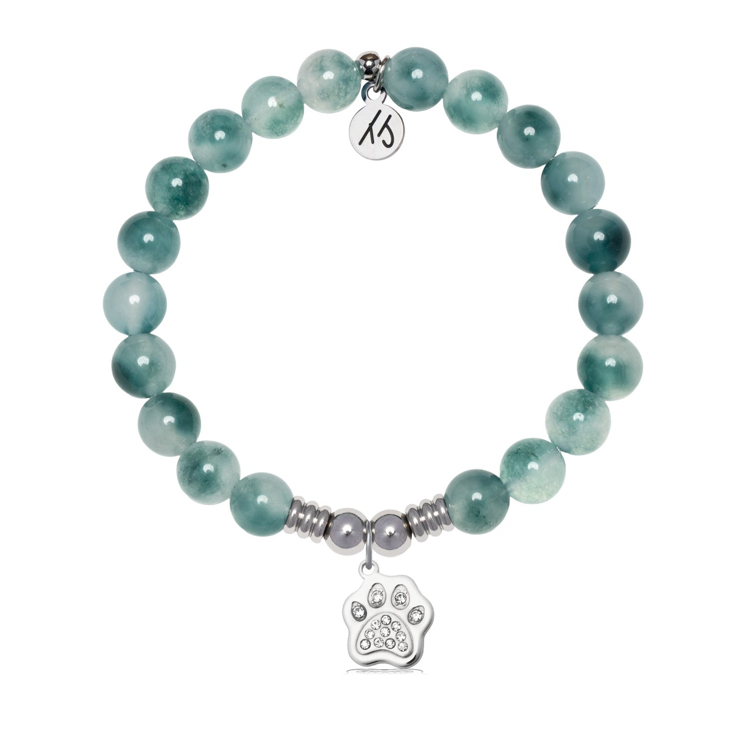 Paw CZ Charm with Teal White Jade Gemstone Bracelet