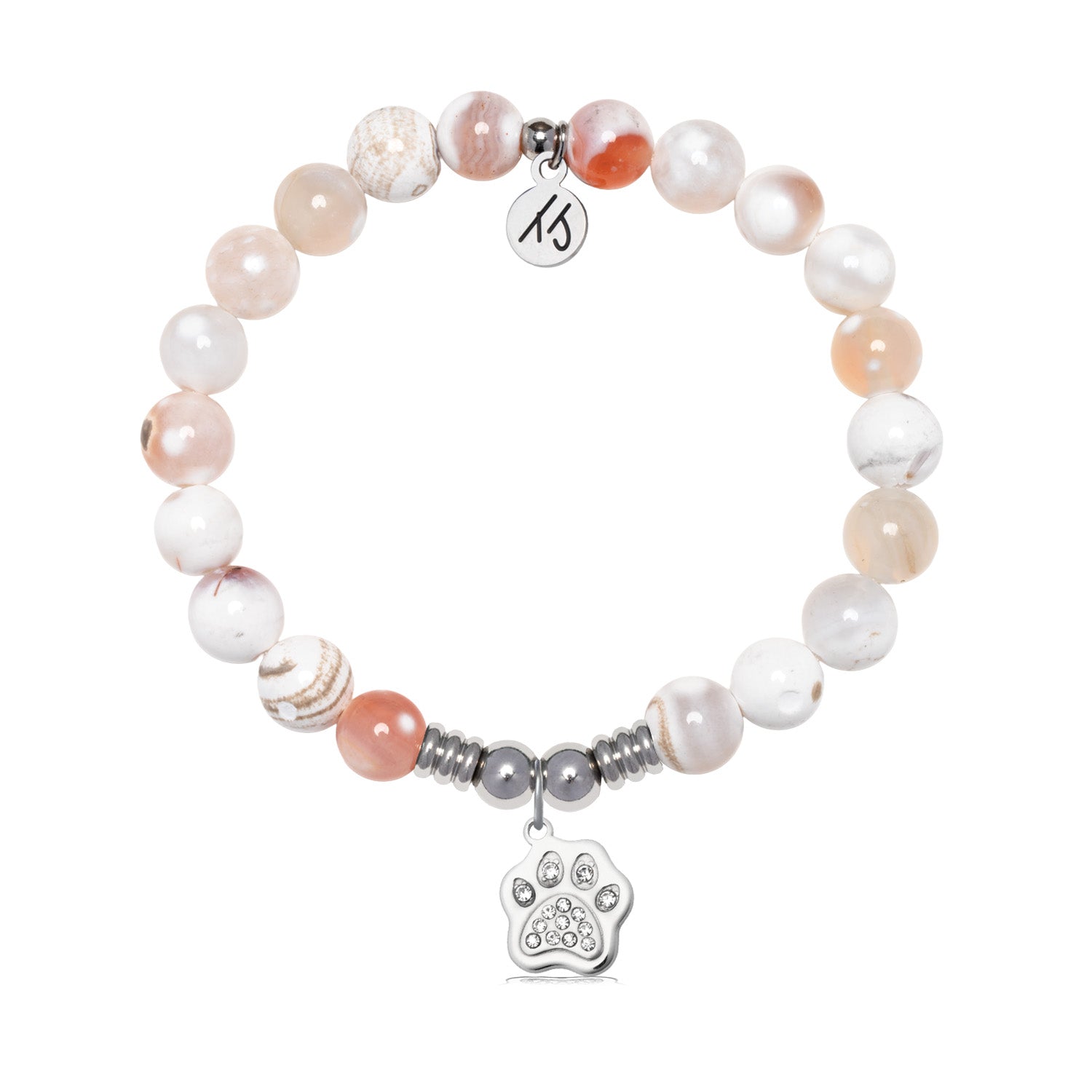 Paw CZ Charm with White Natural Agate Gemstone Bracelet