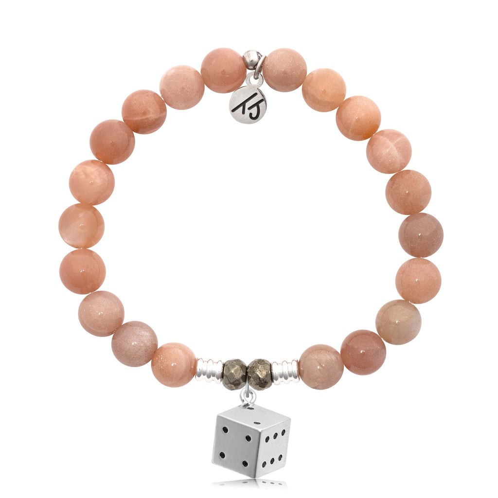 Peach Moonstone Gemstone Bracelet with Lucky Dice Sterling Silver Charm