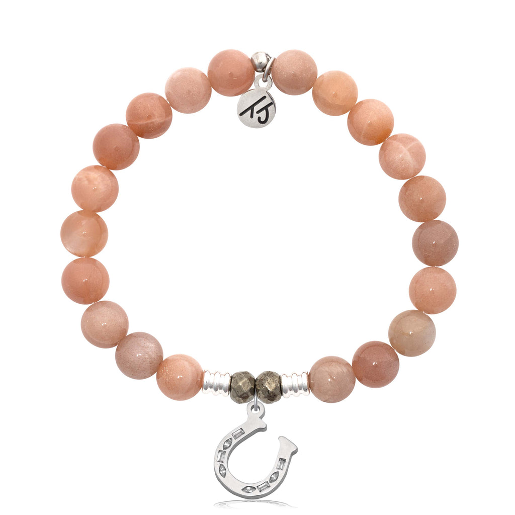 Peach Moonstone Gemstone Bracelet with Lucky Horseshoe Sterling Silver Charm