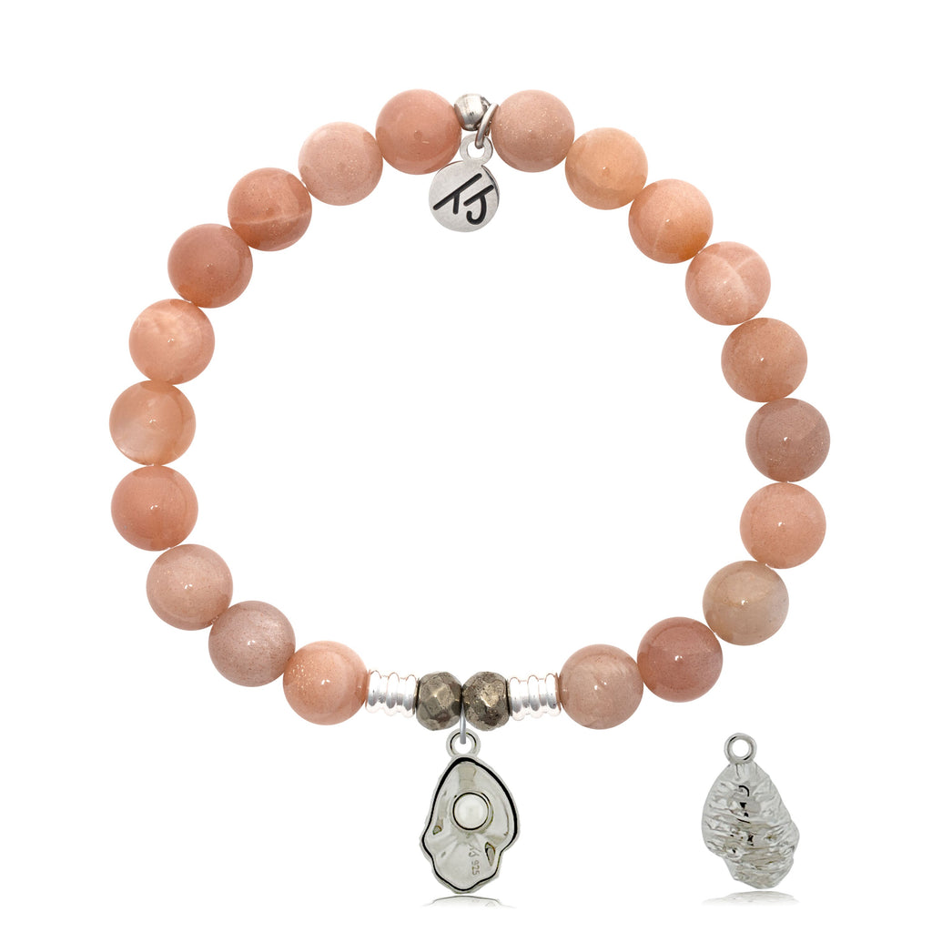 Peach Moonstone Gemstone Bracelet with Oyster Sterling Silver Charm