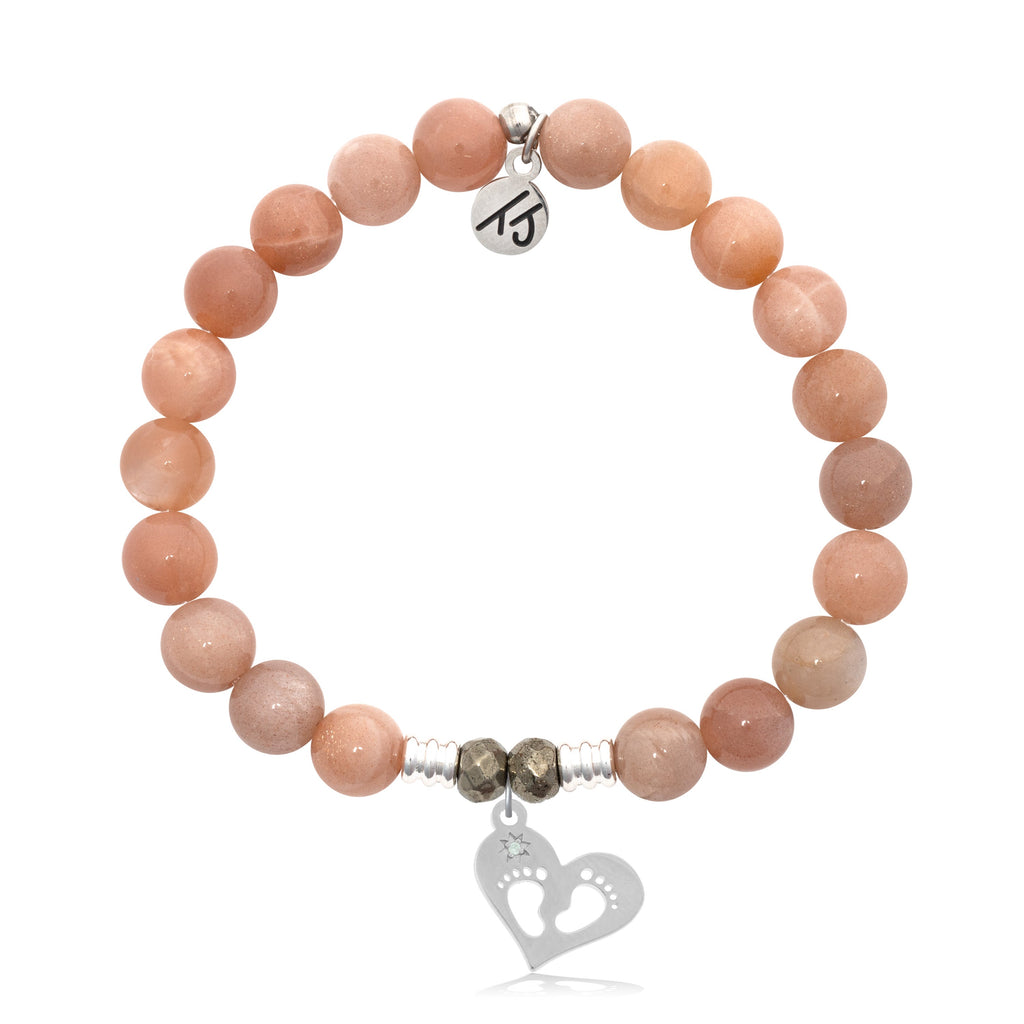 Peach Moonstone Stone Bracelet with Baby Feet Sterling Silver Charm
