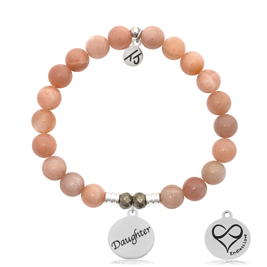 Peach Moonstone Stone Bracelet with Daughter Sterling Silver Charm
