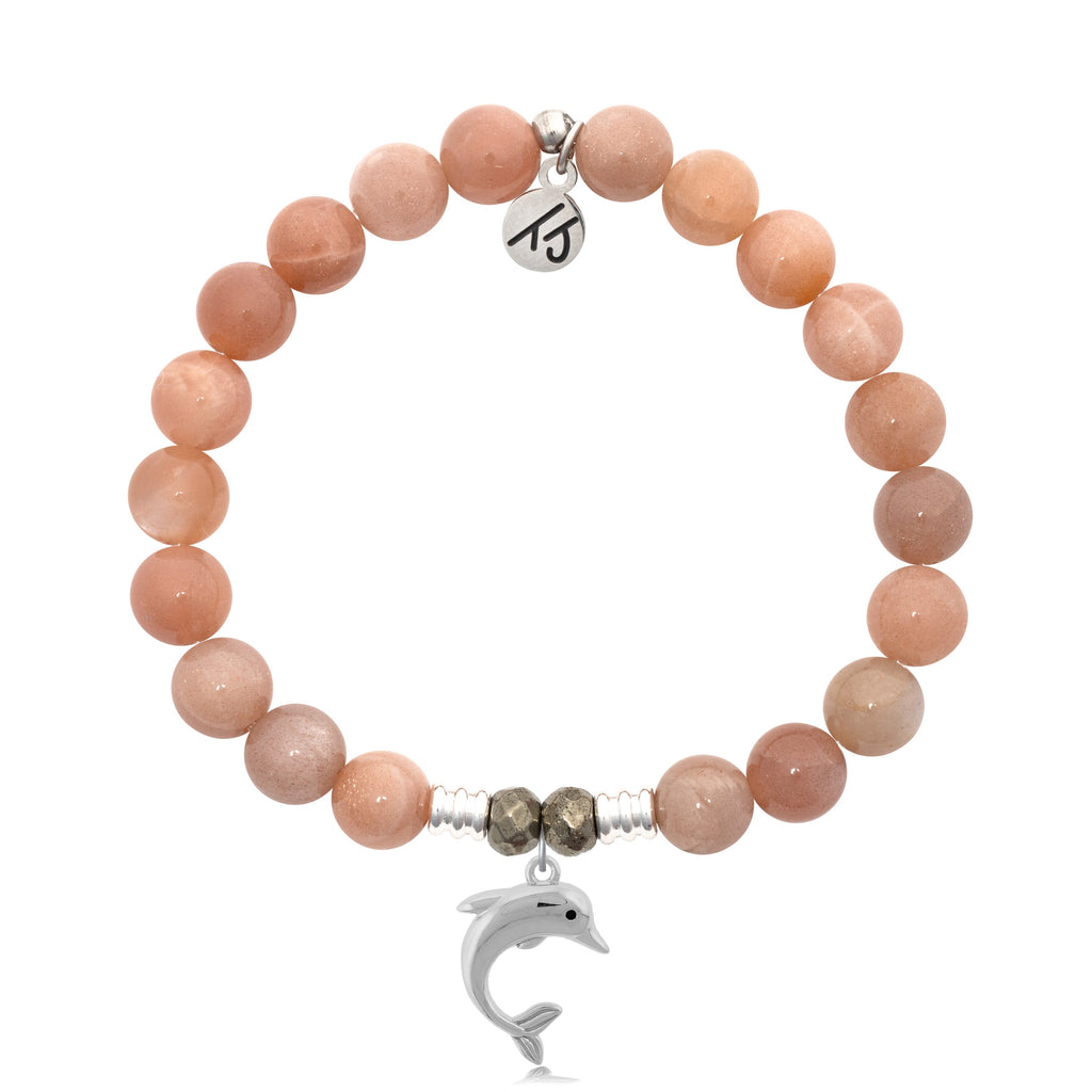 Peach Moonstone Stone Bracelet with Dolphin Sterling Silver Charm