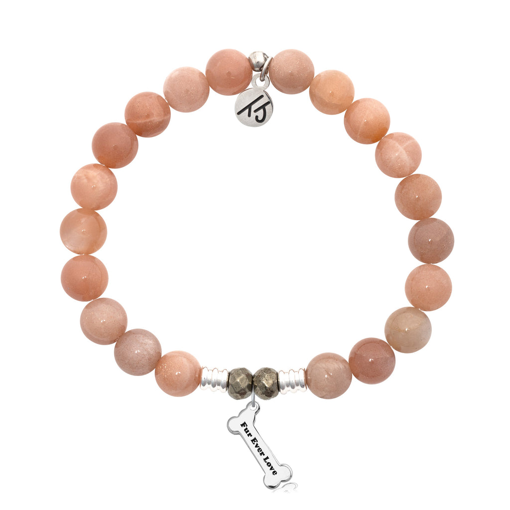 Peach Moonstone Stone Bracelet with Fur Ever Love Sterling Silver Charm