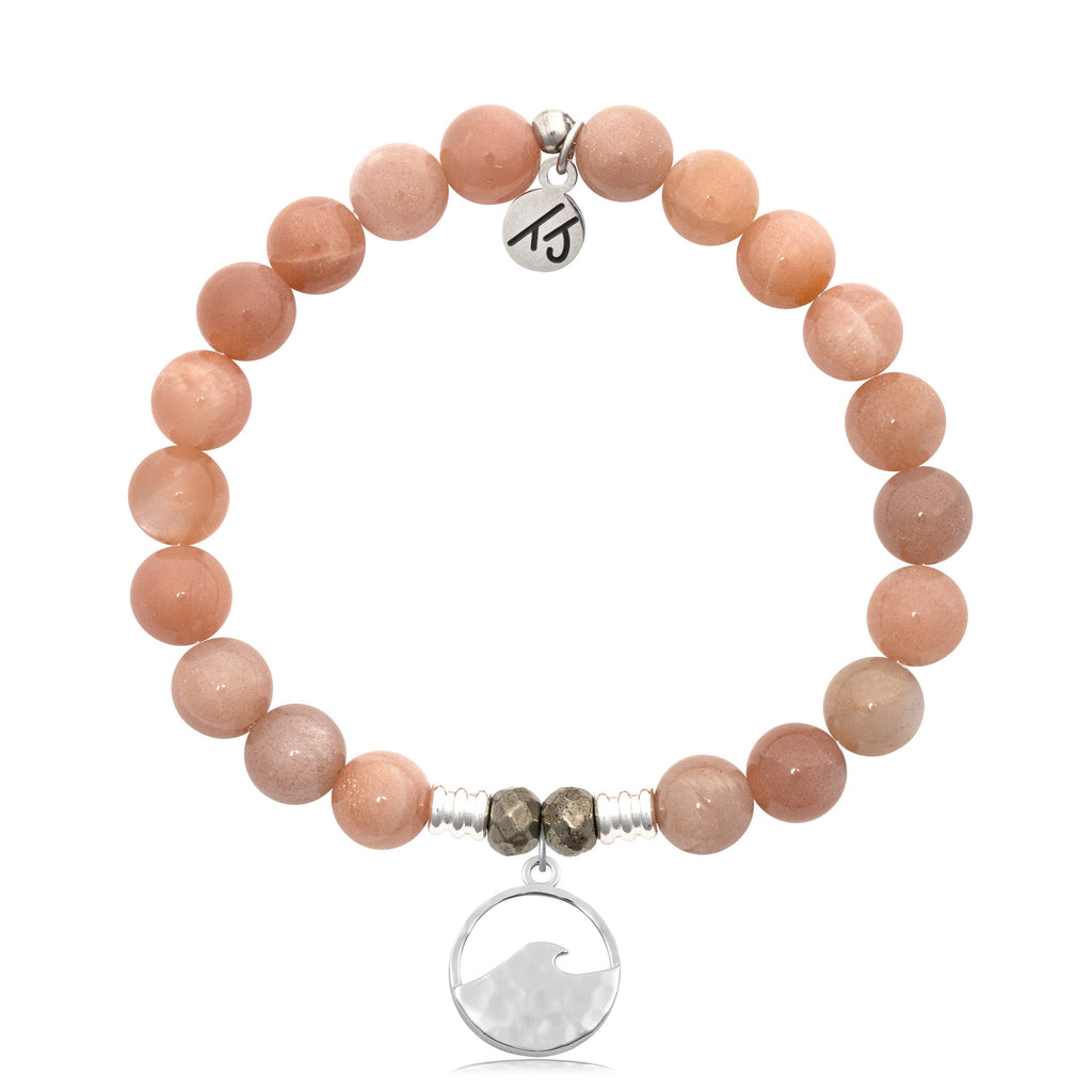 Peach Moonstone Stone Bracelet with Hammered Waves Sterling Silver Charm