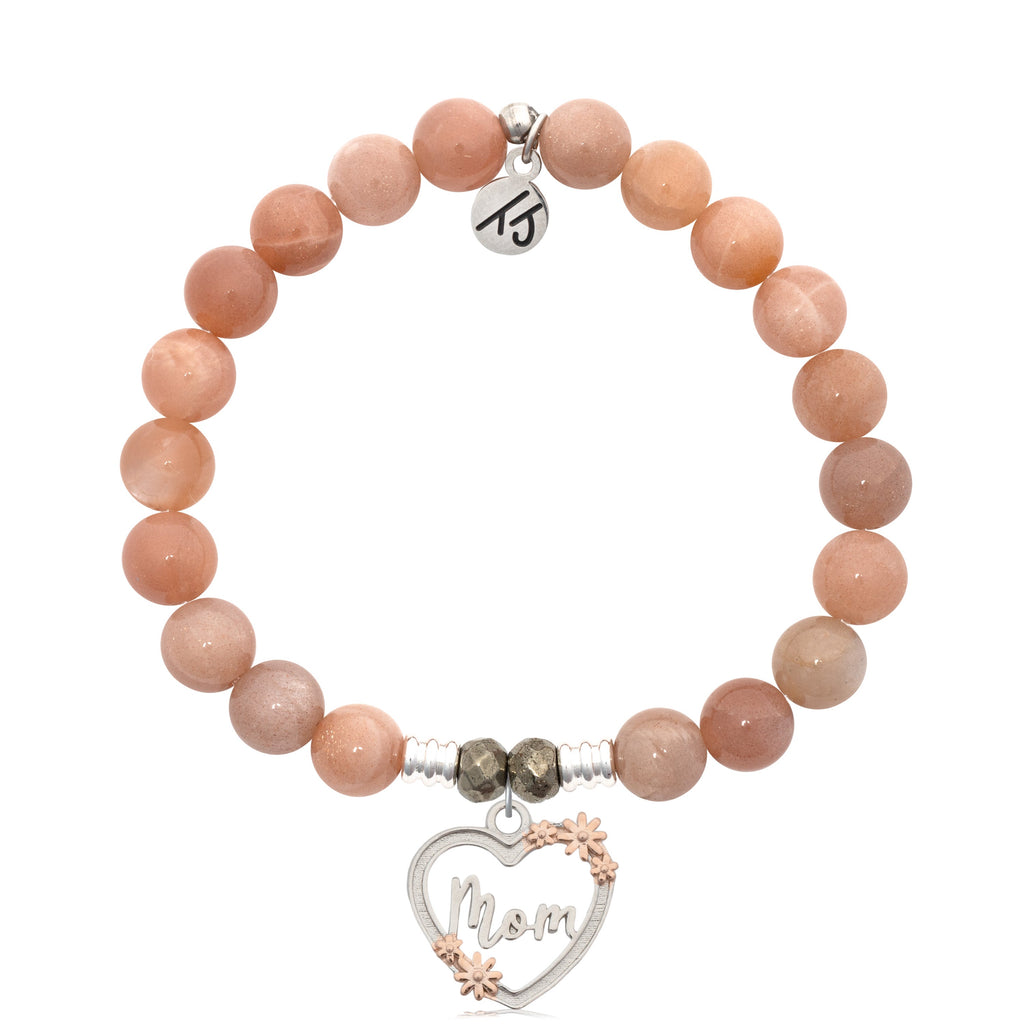 Peach Moonstone Stone Bracelet with Heart Mom Sterling Silver Charm