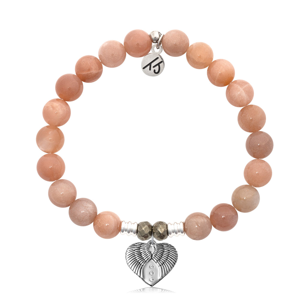 Peach Moonstone Stone Bracelet with Heart of Angels Sterling Silver Charm