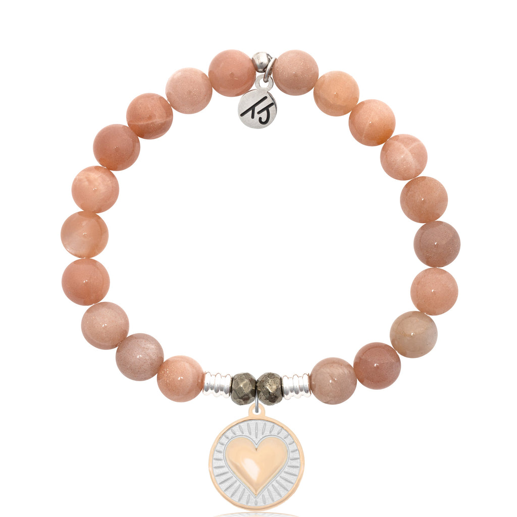 Peach Moonstone Stone Bracelet with Heart of Gold Sterling Silver Charm