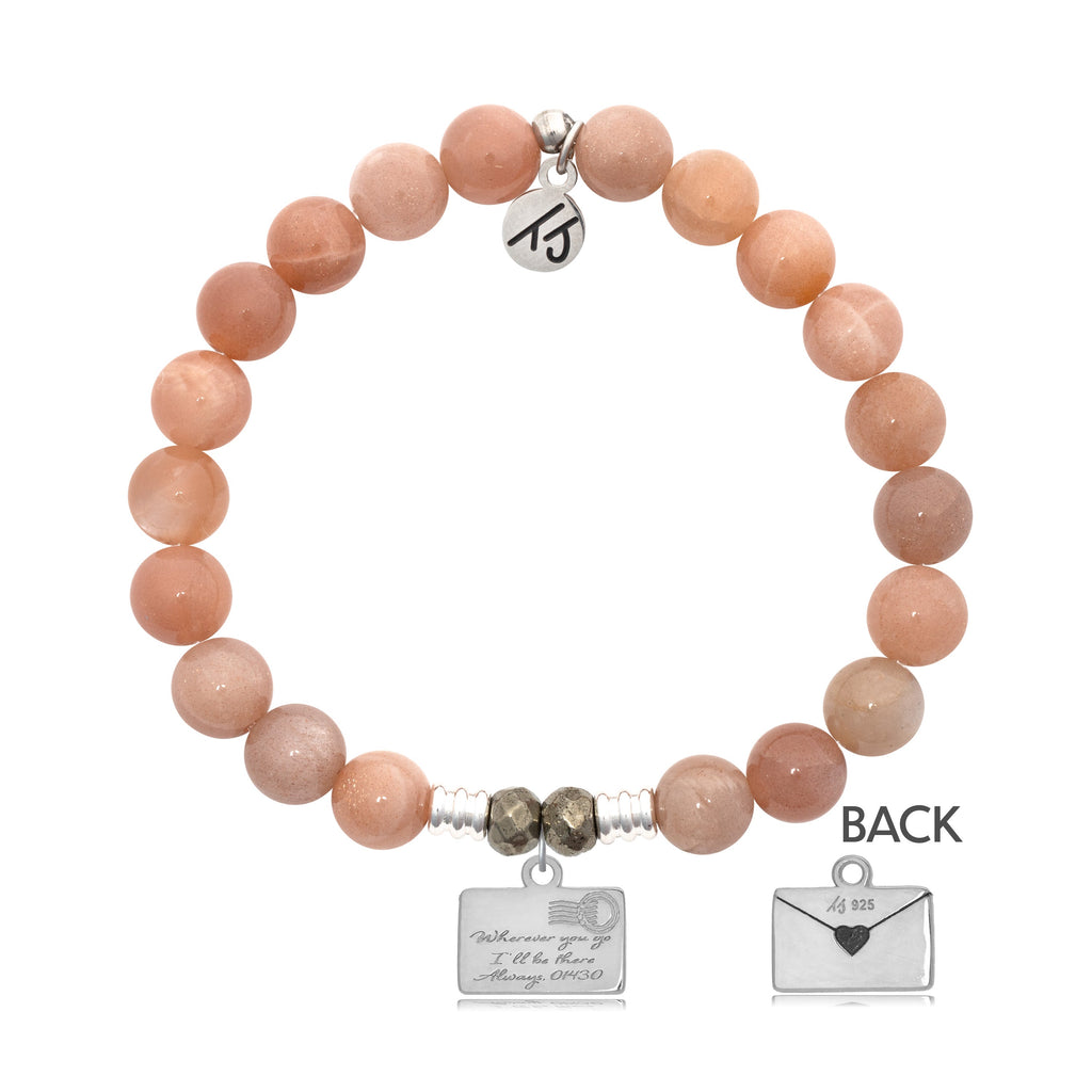 Peach Moonstone Stone Bracelet with Love Letter Sterling Silver Charm