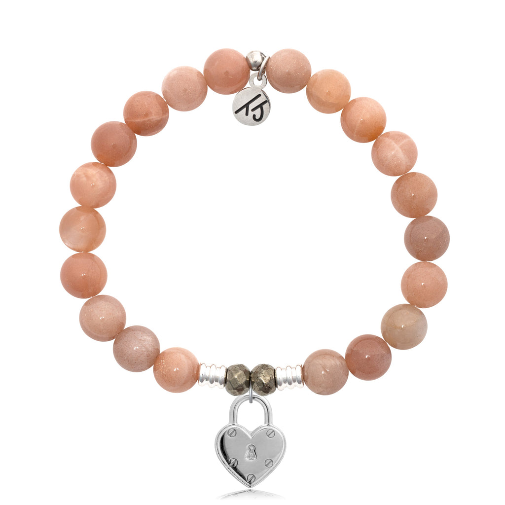 Peach Moonstone Stone Bracelet with Love Lock Sterling Silver Charm
