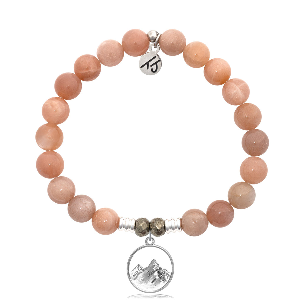 Peach Moonstone Stone Bracelet with Mountain Cutout Sterling Silver Charm