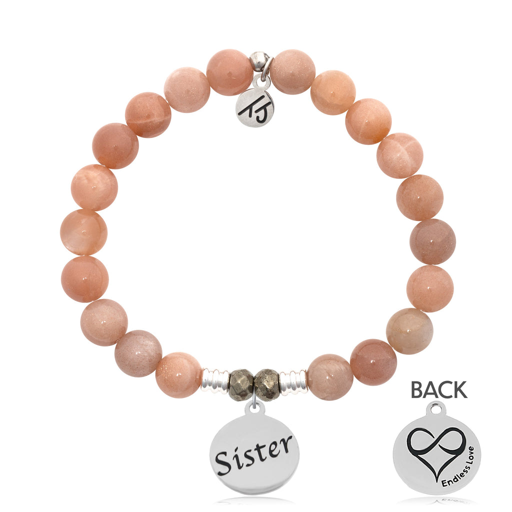 Peach Moonstone Stone Bracelet with Sister Sterling Silver Charm