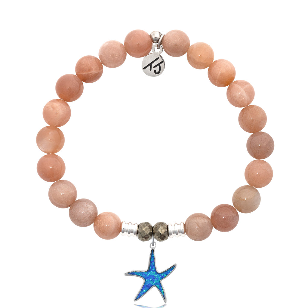 Peach Moonstone Stone Bracelet with Star of the Sea Sterling Silver Charm