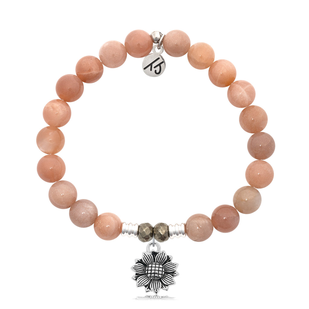 Peach Moonstone Stone Bracelet with Sunflower Sterling Silver Charm