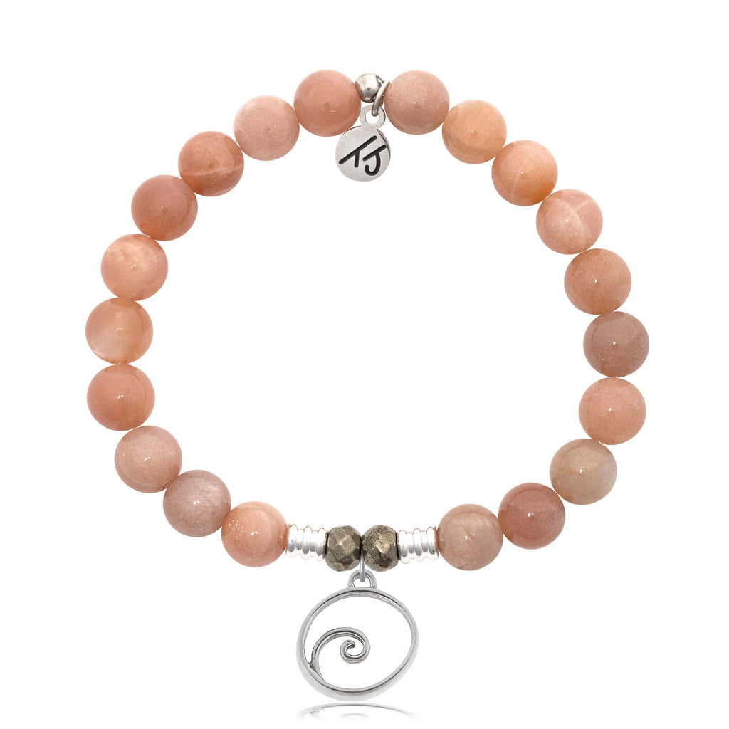 Peach Moonstone Stone Bracelet with Wave Sterling Silver Charm