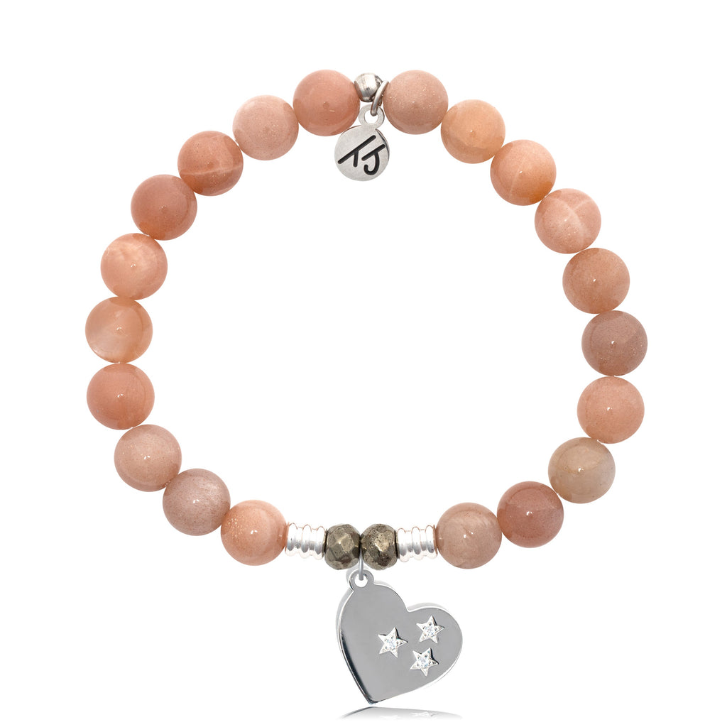 Peach Moonstone Stone Bracelet with Wishing Heart Sterling Silver Charm