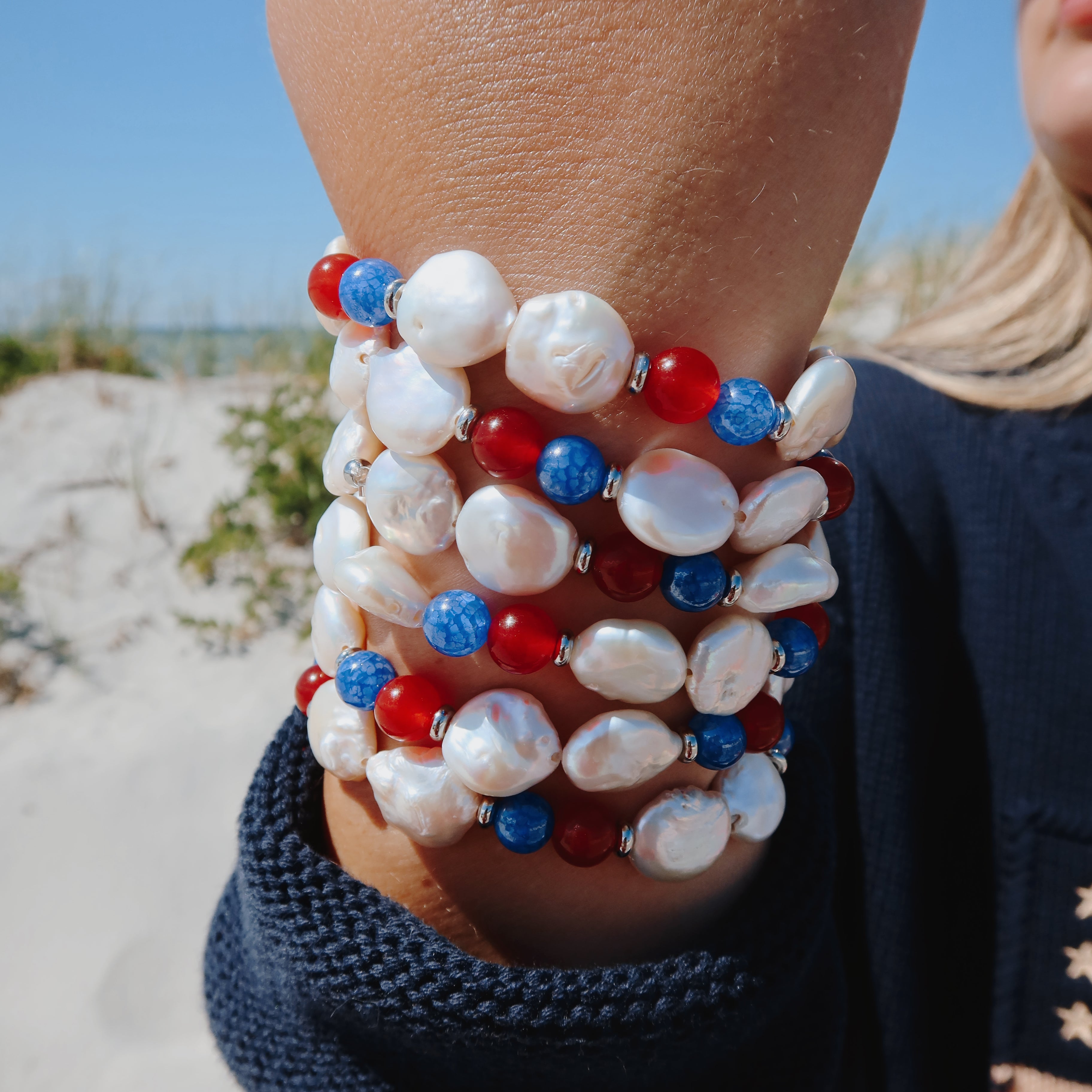 Pearl Coin with Red Jade & Blue Agate Gemstone Bracelet