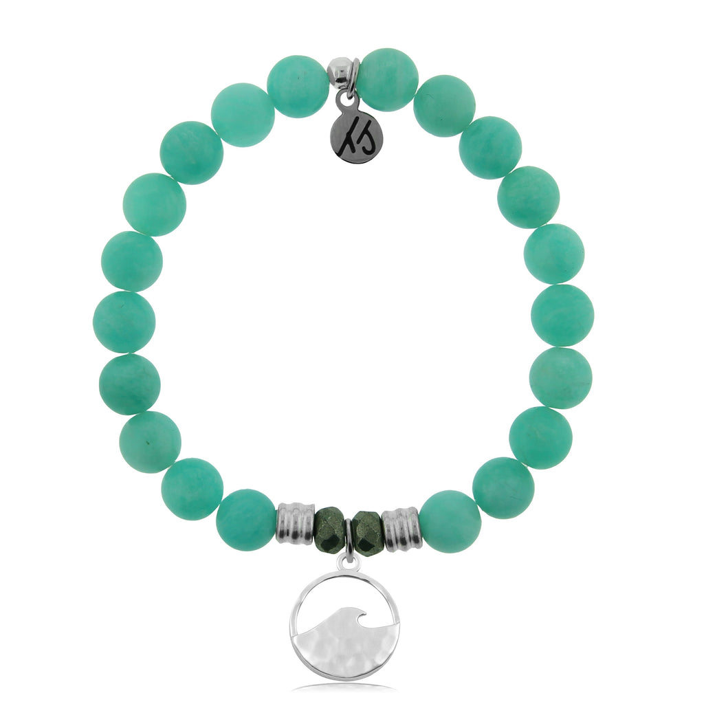 Peruvian Amazonite Stone Bracelet with Hammered Waves Sterling Silver Charm