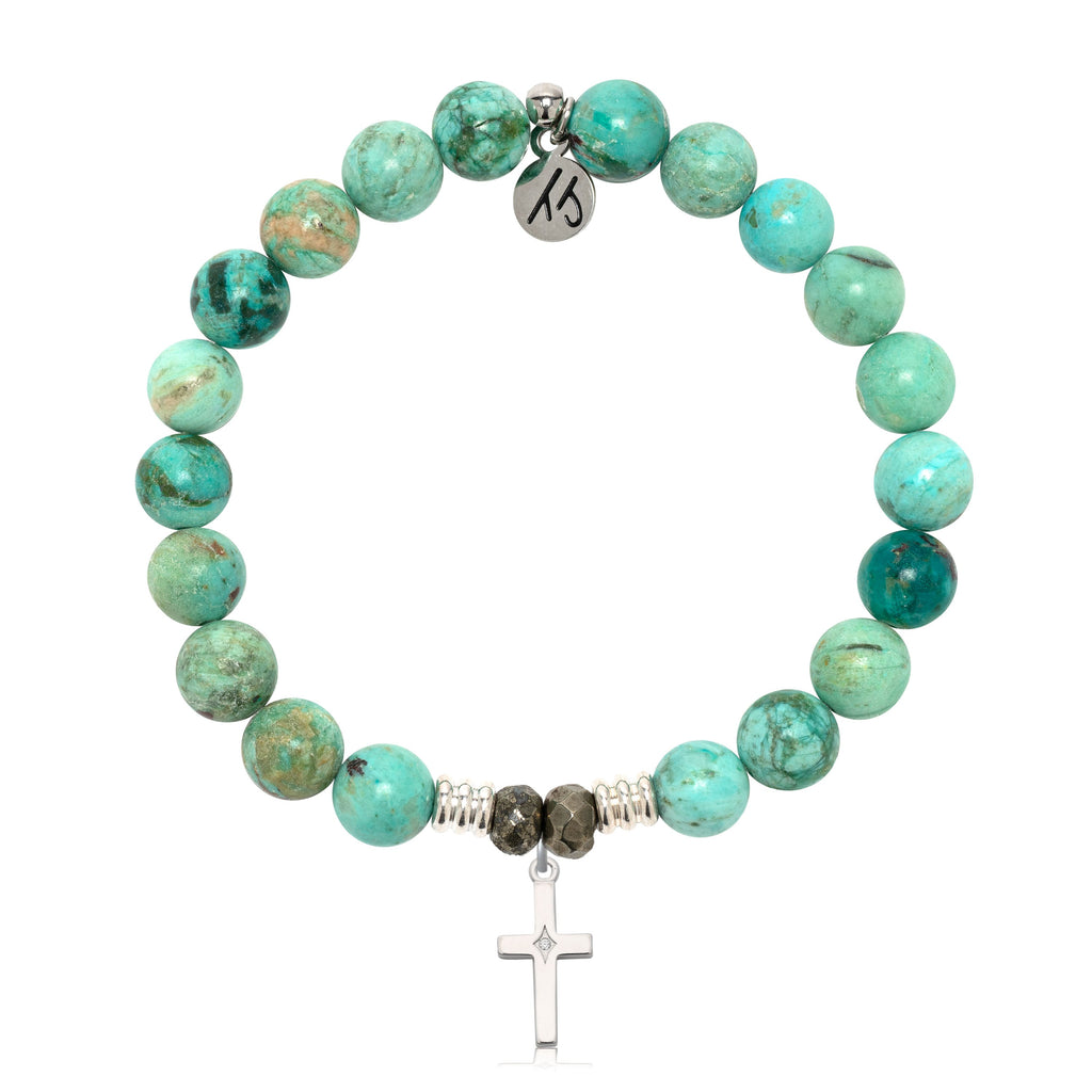 Peruvian Turquoise Gemstone Bracelet with Cross CZ Sterling Silver Charm