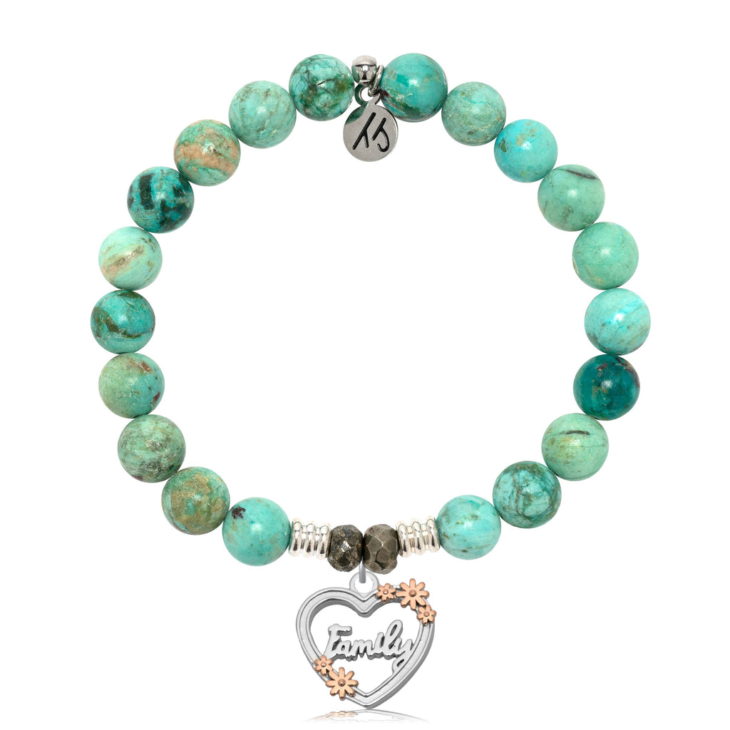 Peruvian Turquoise Gemstone Bracelet with Heart Family Sterling Silver Charm