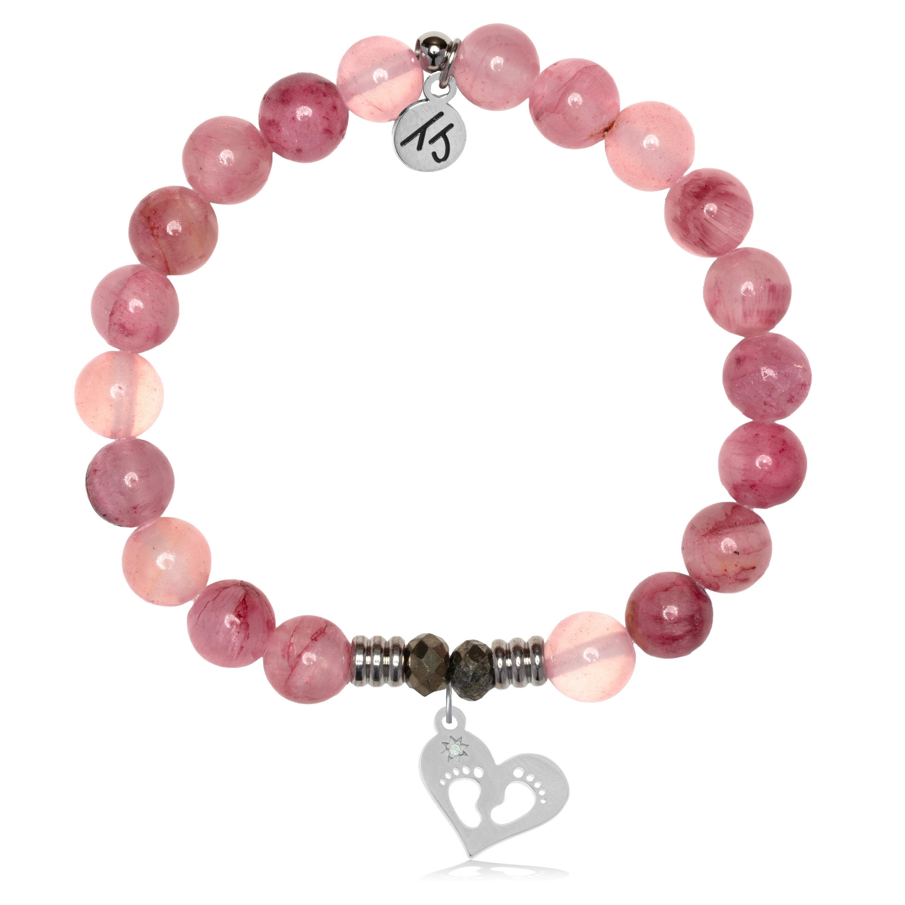 Pink Chalcedony Gemstone Bracelet with Baby Feet Sterling Silver Charm