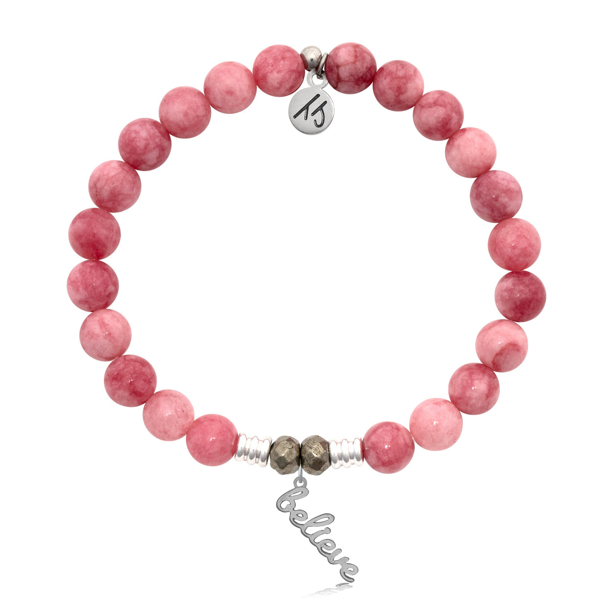 Pink Jade Gemstone Bracelet with Believe in Yourself Sterling Silver Charm