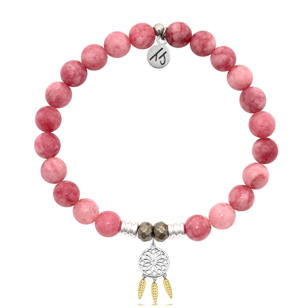 Pink Jade Gemstone Bracelet with Dream Catcher Sterling Silver Charm