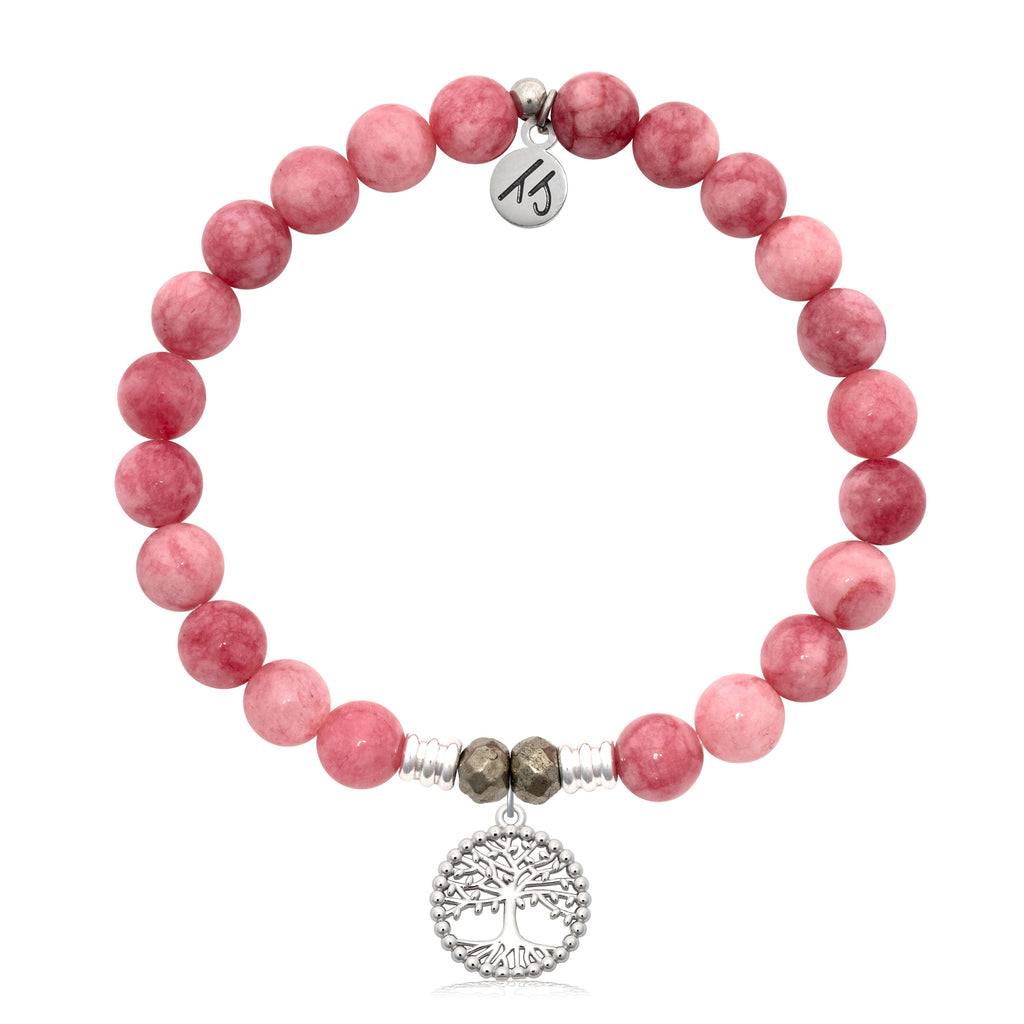 Pink Jade Gemstone Bracelet with Family Tree Sterling Silver Charm