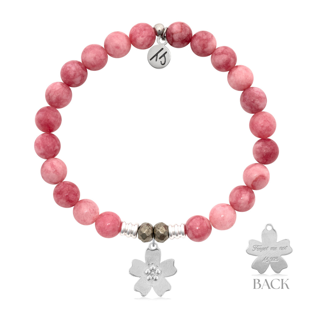 Pink Jade Gemstone Bracelet with Forget Me Not Sterling Silver Charm