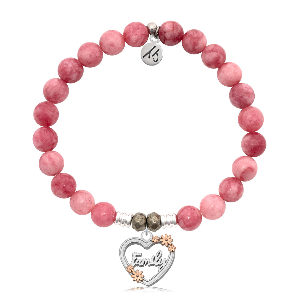 Pink Jade Gemstone Bracelet with Heart Family Sterling Silver Charm