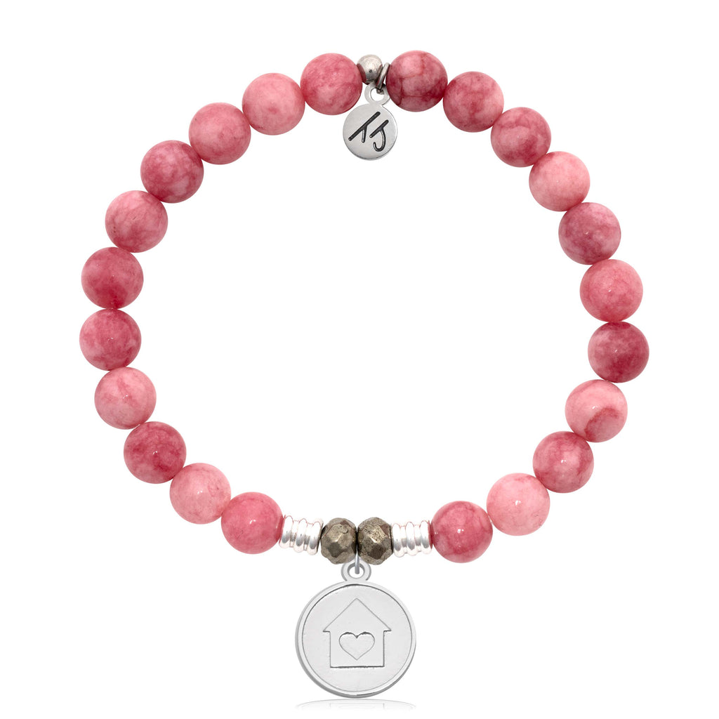 Pink Jade Gemstone Bracelet with Home is Where the Heart Is Sterling Silver Charm