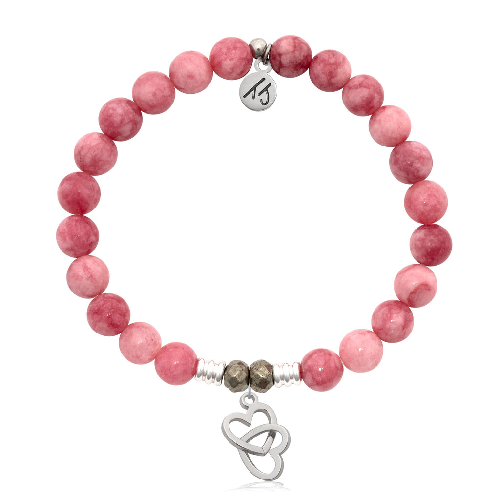 Pink Jade Gemstone Bracelet with Linked Hearts Sterling Silver Charm