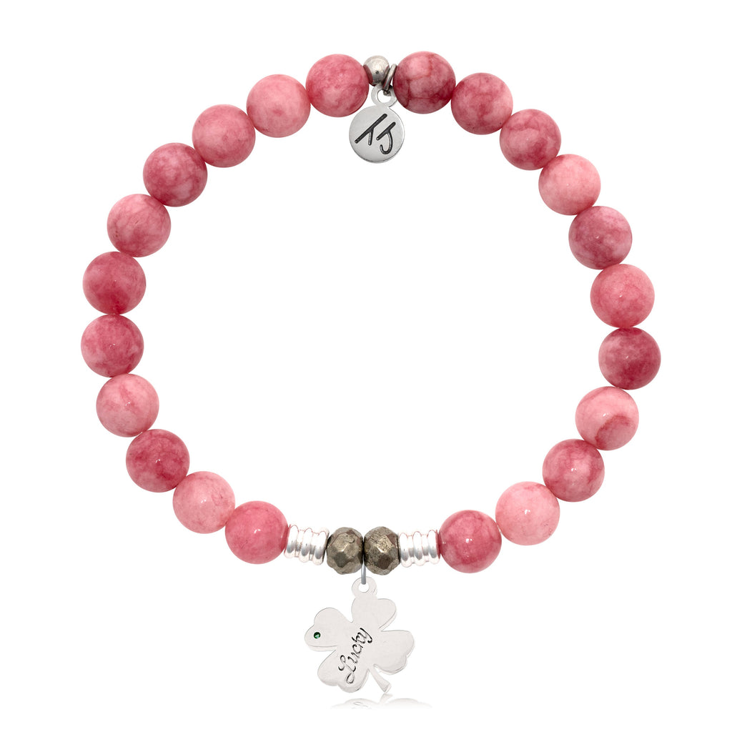 Pink Jade Gemstone Bracelet with Lucky Clover Sterling Silver Charm
