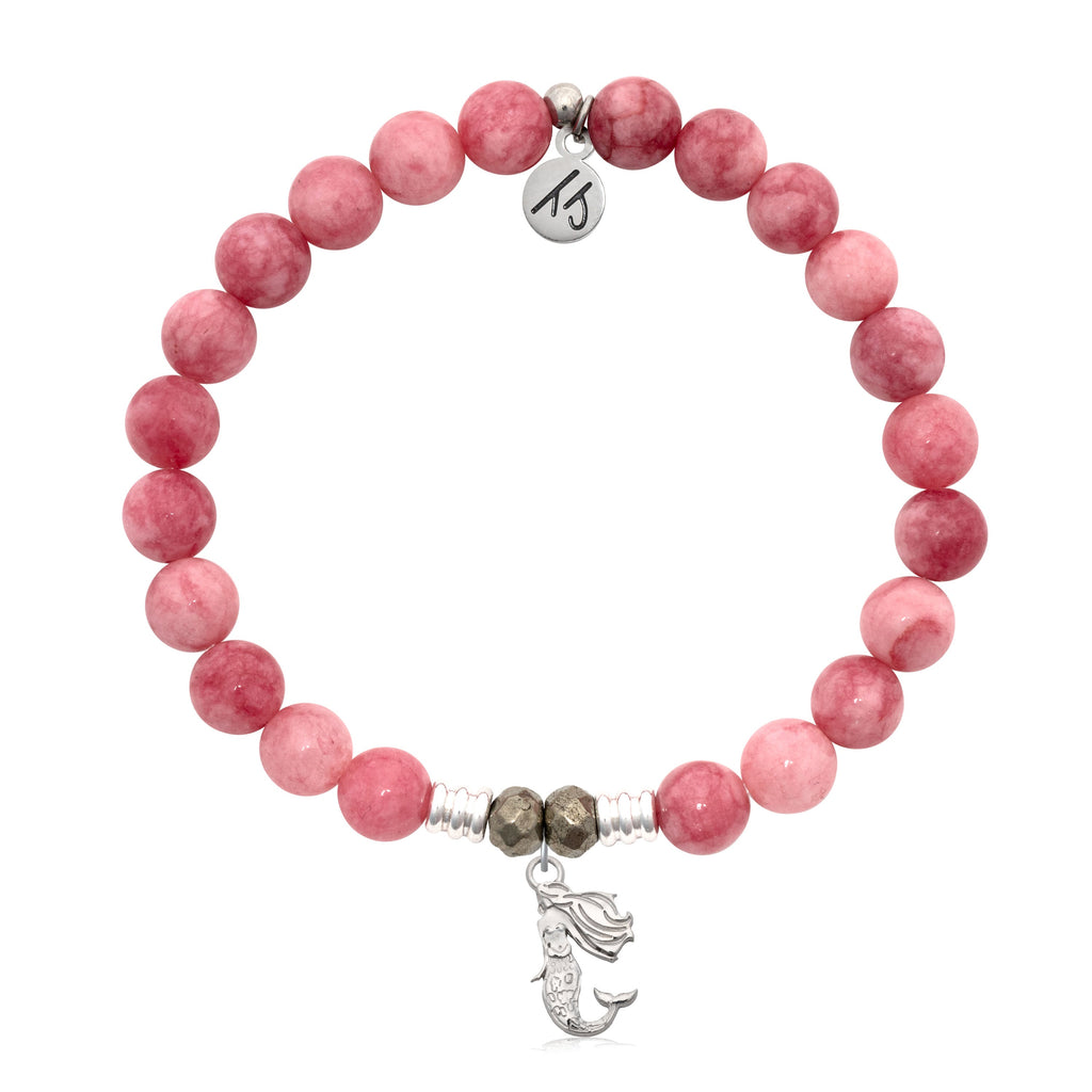 Pink Jade Gemstone Bracelet with Mermaid Cutout Sterling Silver Charm
