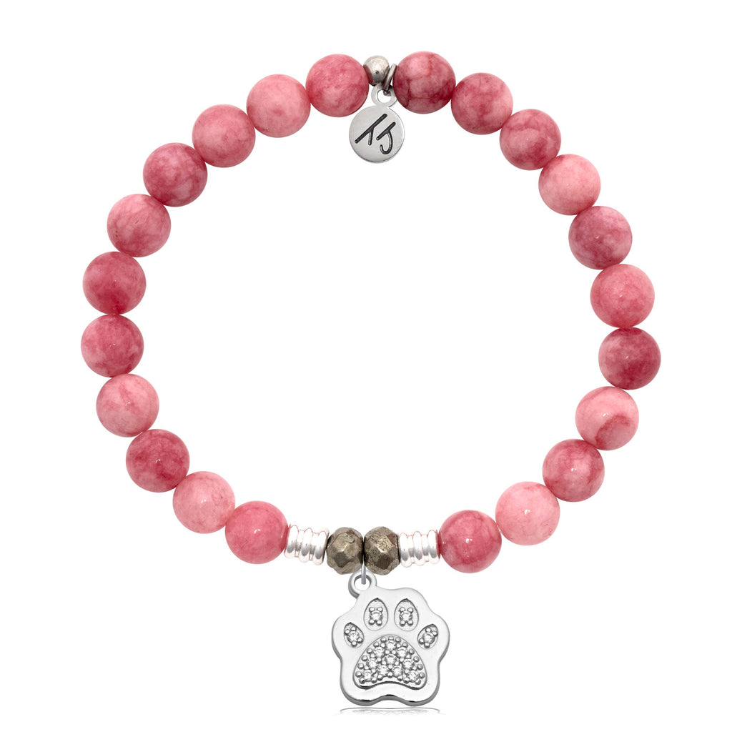 Pink Jade Gemstone Bracelet with Paw CZ Sterling Silver Charm