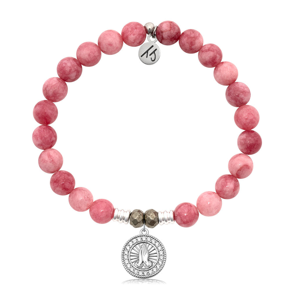 Pink Jade Gemstone Bracelet with Prayers CZ Sterling Silver Charm