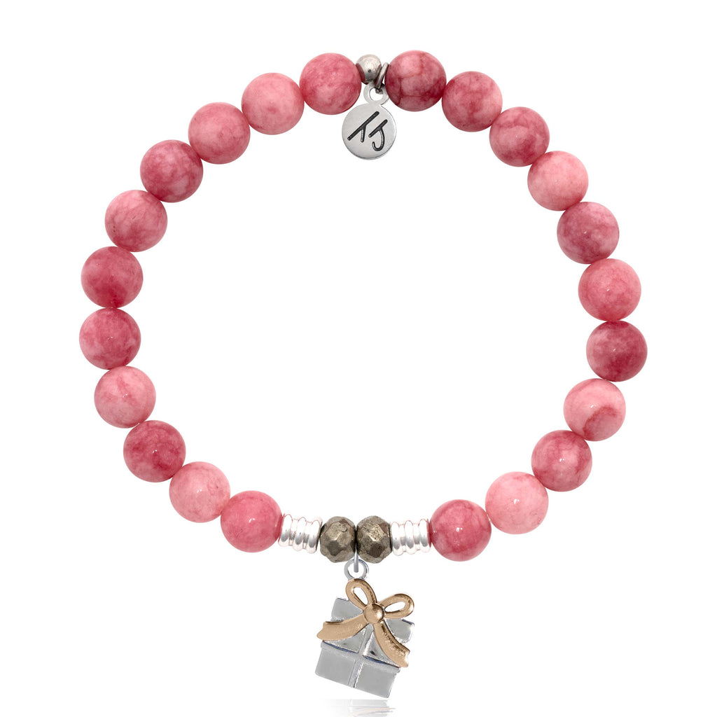 Pink Jade Gemstone Bracelet with Present Sterling Silver Charm
