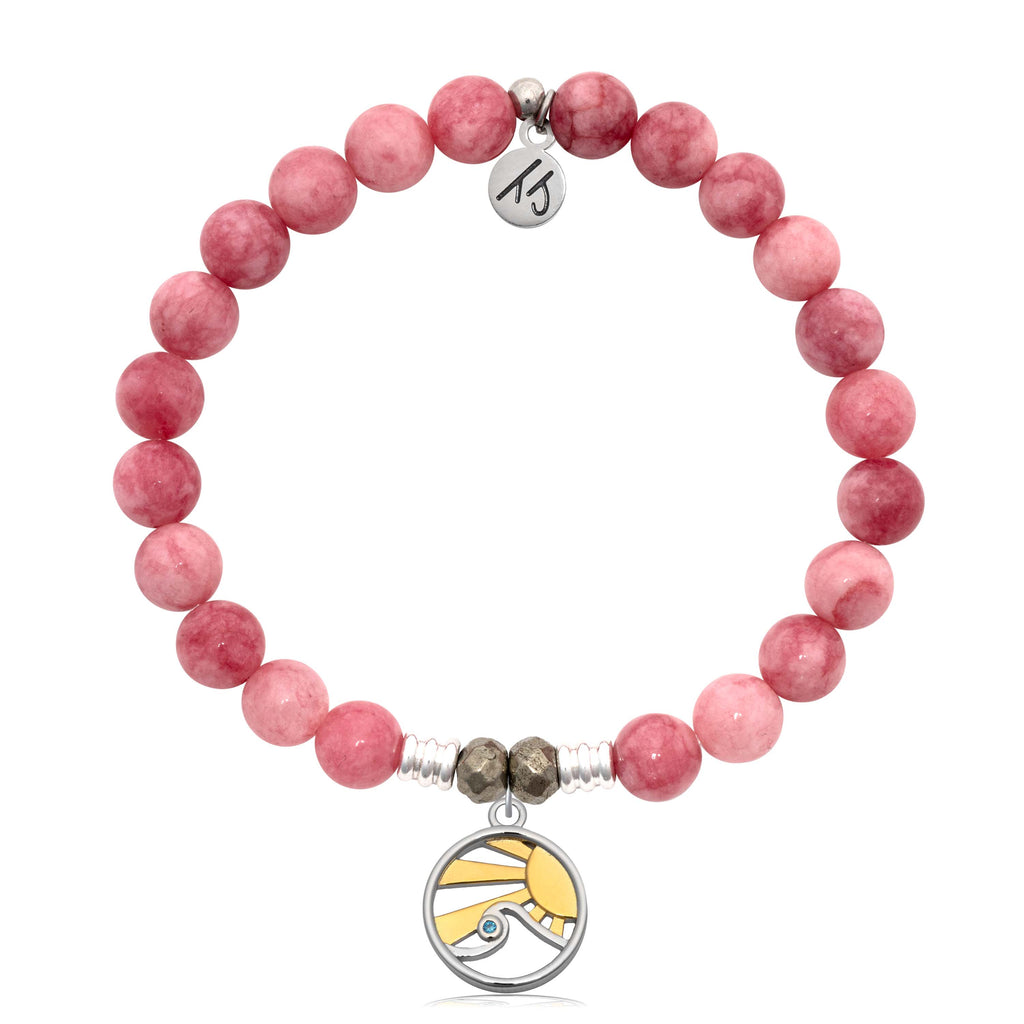 Pink Jade Gemstone Bracelet with Rising Sun Sterling Silver Charm