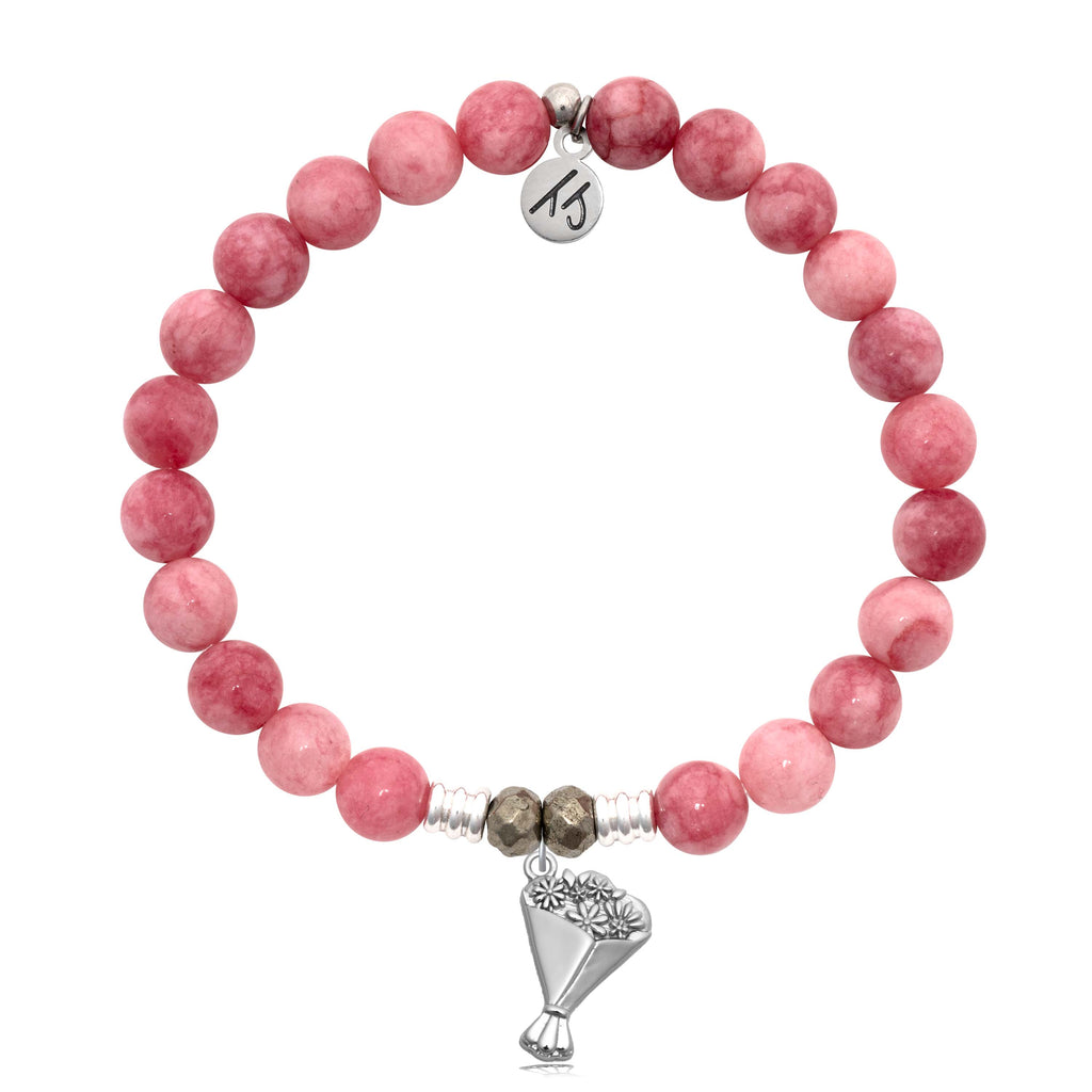 Pink Jade Gemstone Bracelet with Thinking of You Sterling Silver Charm