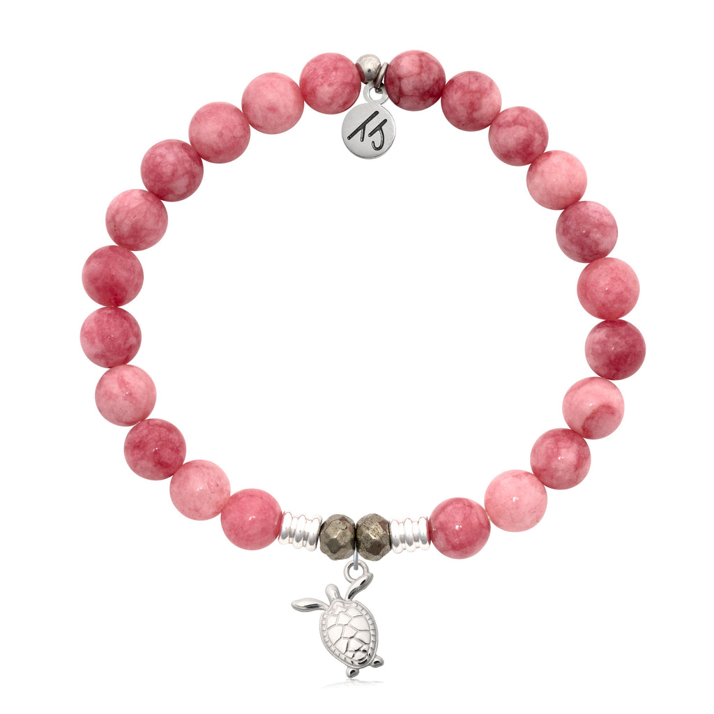 Pink Jade Gemstone Bracelet with Turtle Cutout Sterling Silver Charm