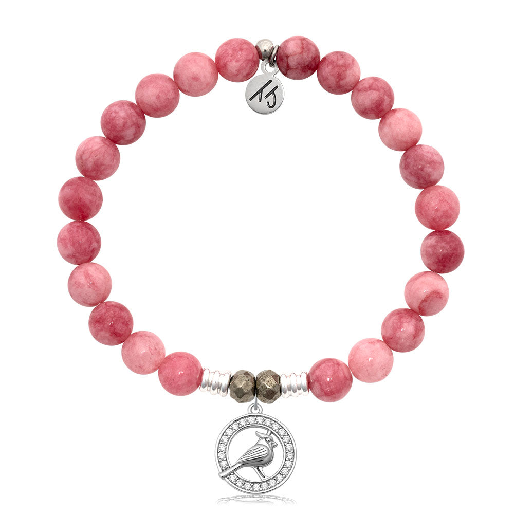 Pink Jade Gemstone Bracelet with White Cardinal CZ Sterling Silver Charm