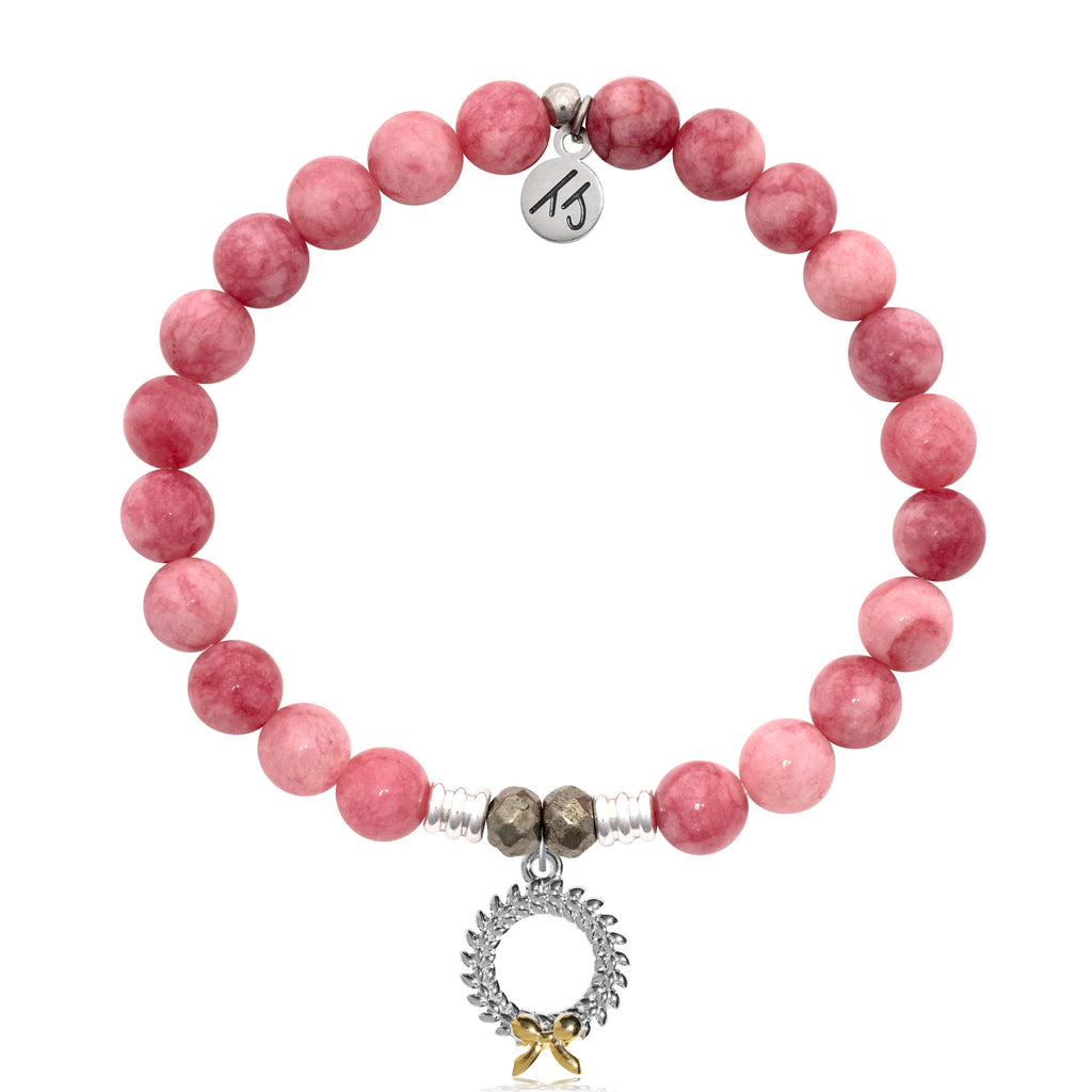 Pink Jade Gemstone Bracelet with Wreath Sterling Silver Charm